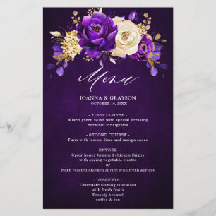 Royal Lila Violet Guld Botanical Bröllop Menu
