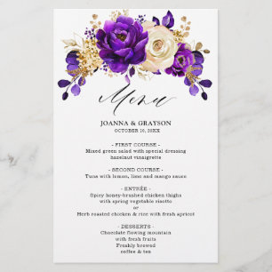 Royal Lila Violet Guld Botanical Bröllop Menu