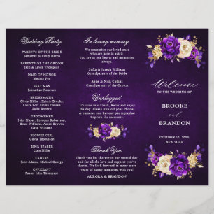 Royal Lila Violet Guld Bröllop Tri Fold Program