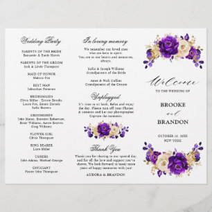 Royal Lila Violet Guld Bröllop Tri Fold Program