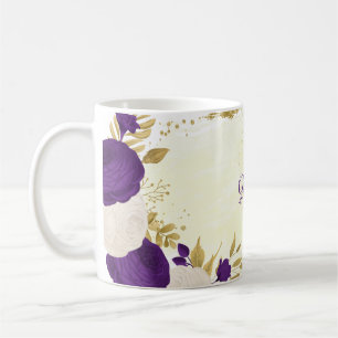 royal lila vita blommor guld botaniska bröllop kaffemugg