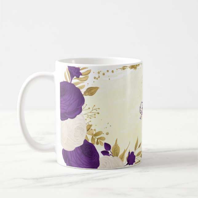 royal lila vita blommor guld botaniska bröllop kaffemugg (Vänster)
