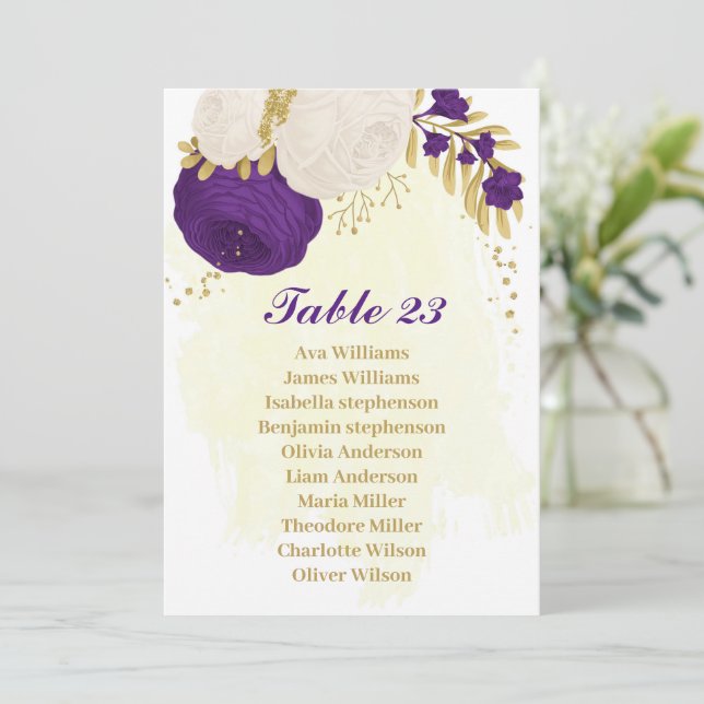 royal lila vita blommor guld-platskort inbjudningar (Stående Fram)
