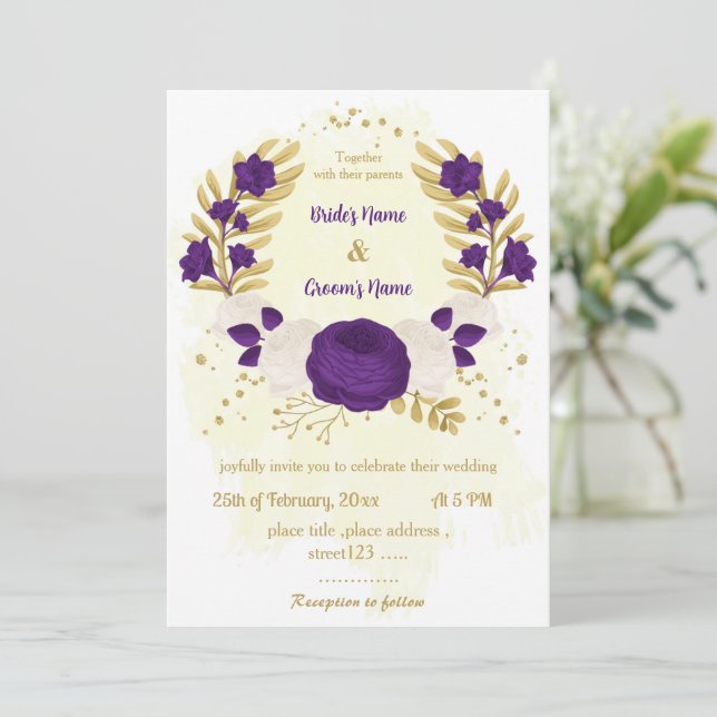 royal lila vita blommor guld-utandningen bröllop inbjudningar (Stående Fram)