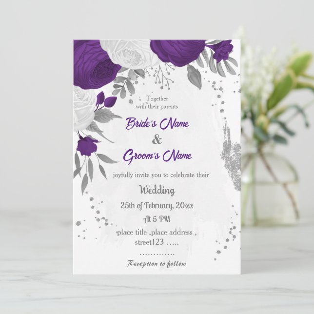 royal lila vita blommor silver bröllop inbjudningar (Stående Fram)
