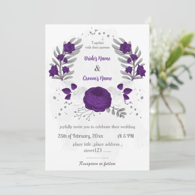 royal lila vita blommor silver-utandningen bröllop inbjudningar (Stående Fram)