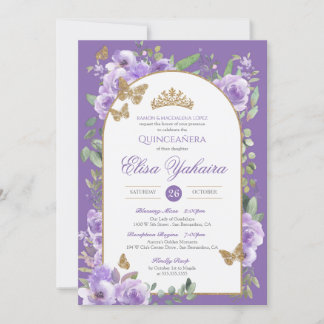 Royal Lila Watercolor Golden Butterfly Quince Inbjudningar