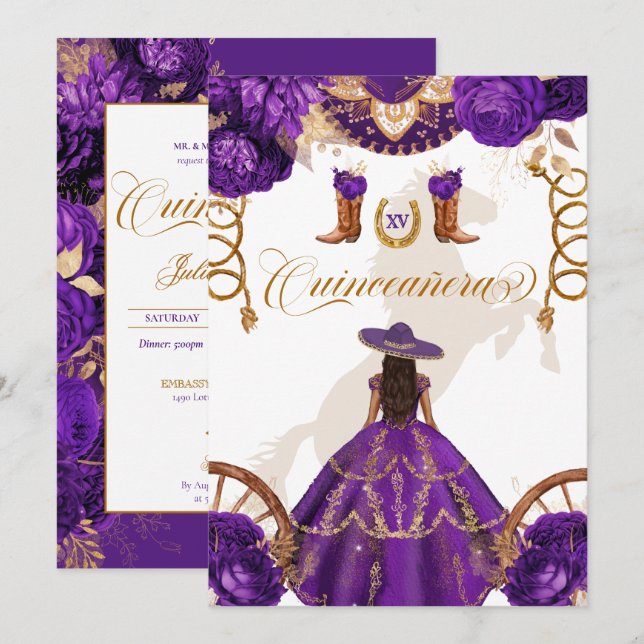 Royal Lila Western Charro 2-sidig quinceanera in Inbjudningar (Fram/baksida)