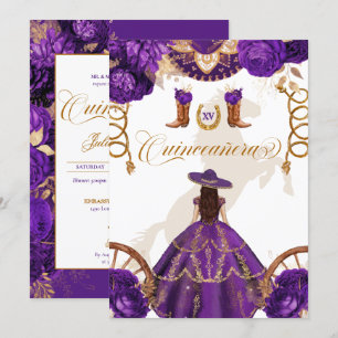 Royal Lila Western Charro 2-sidig Quinceanera Inbjudningar