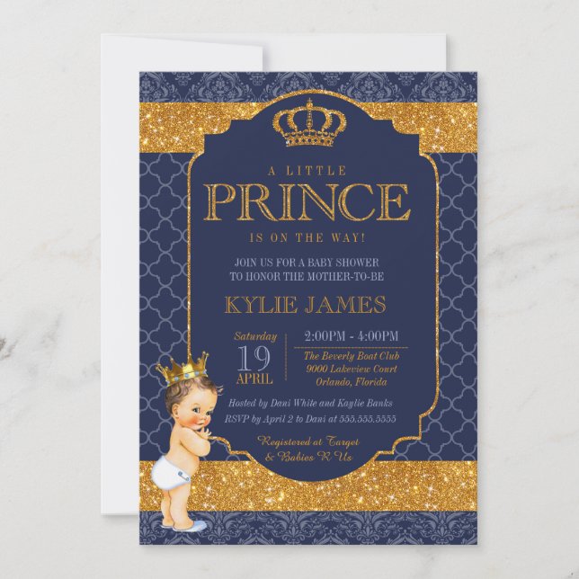 Royal Liten prins Navy Blue Guld Baby Shower Inbjudningar (Framsida)