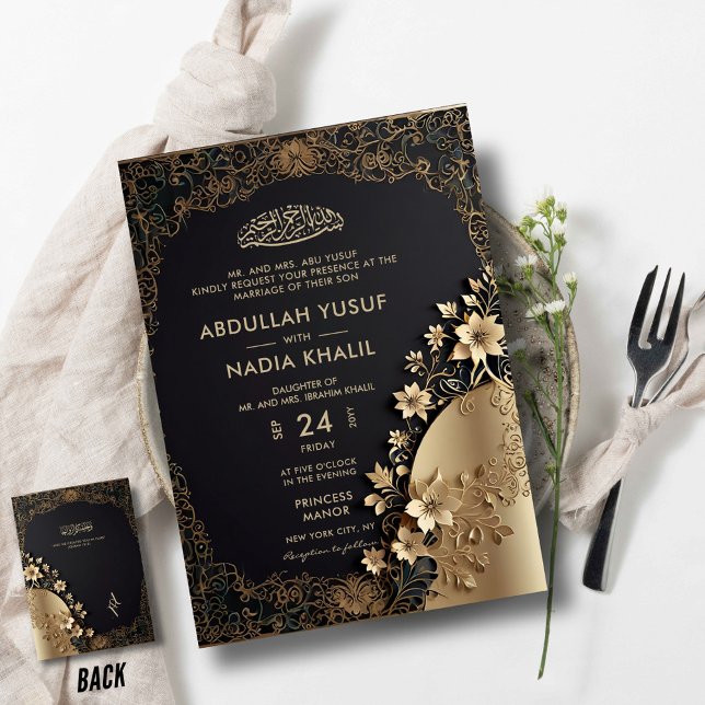 Royal & Luxurij Golden Blommigt Islamiska Bröllop Inbjudningar (Skapare uppladdad)