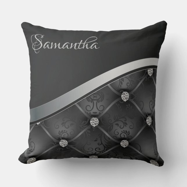 Royal Luxury Elegant Black Silver Blommigt Kudde (Framsida)