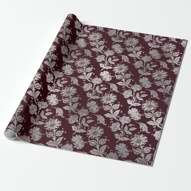 Royal Maroon Burgundy Blommigt Silver Ro Shiny Presentpapper (Utrullad)