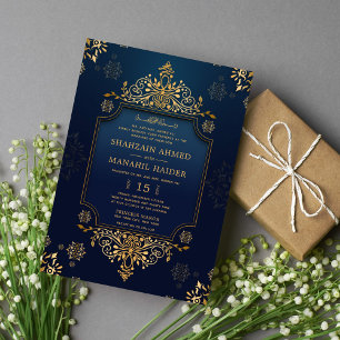 Royal mörk blått Blommigt-Eleganten i Guld, muslim Inbjudningar