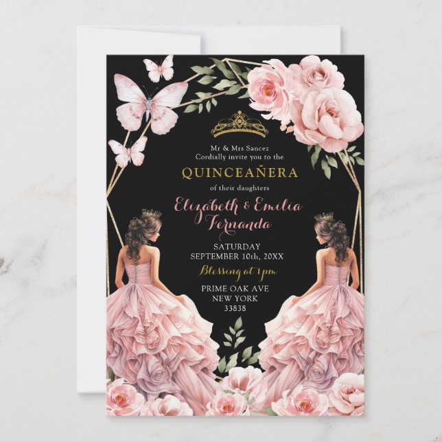 Royal Mörk  Rosa Twillingar Geometric Quinceañera Inbjudningar (Framsida)
