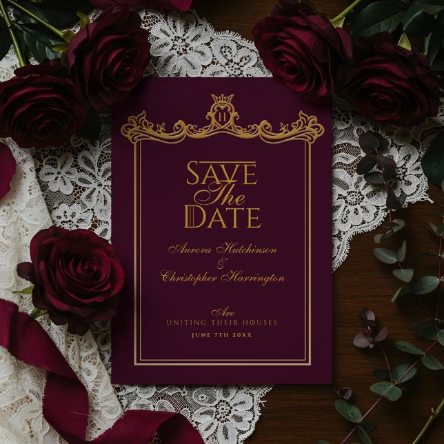 Royal Muse Medieval Fantasy Ornate Plum Bröllop Spara Datumet (Royal Muse Medieval Fantasy Ornate Plum Wedding Save The Date)