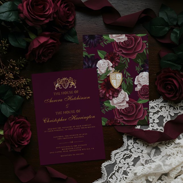 Royal Muse Medieval Fantasy Plum Blommigt Bröllop Inbjudningar (Royal Muse Medieval Fantasy Plum Floral Wedding Invitation)
