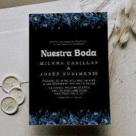 Royal Navy Blå Blommig Nuestra Boda Bröllop Inbjudningar