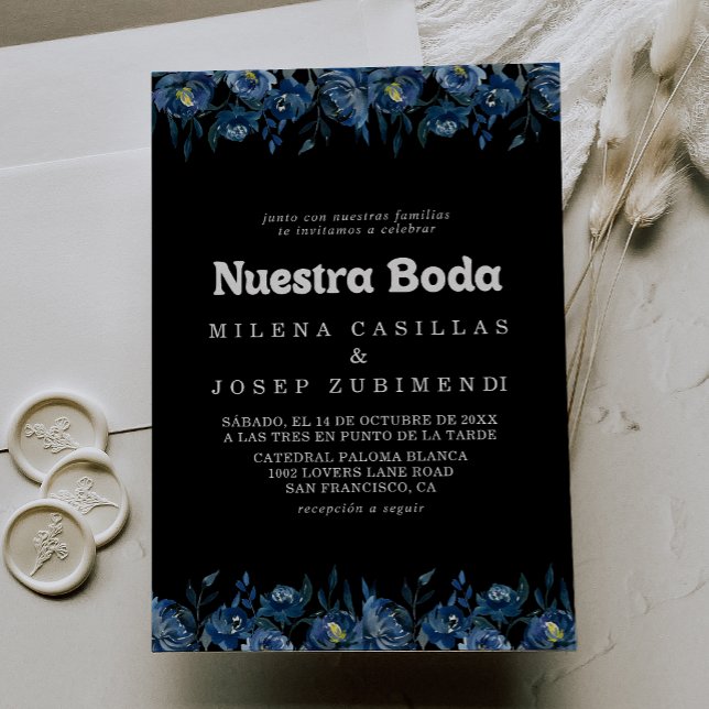 Royal Navy Blå Blommig Nuestra Boda Bröllop Inbjudningar (Skapare uppladdad)