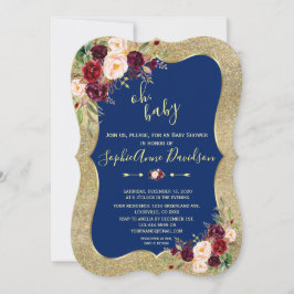 Royal Navy Blue  Blommigt Guld BABY SHOWER Inbjudningar
