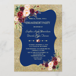 Royal Navy Blue  Blommigt Guld Förlovning Inbjudningar