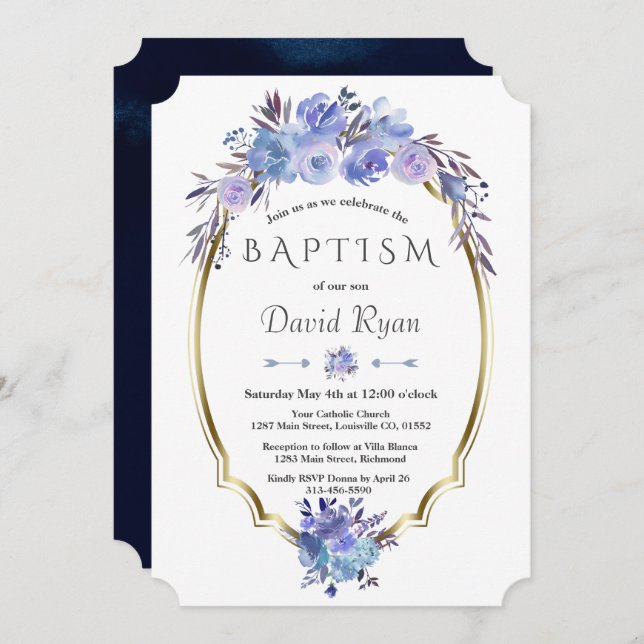 Royal Navy Blue Guld Blue Blommigt Boy Baptism Inbjudningar (Fram/baksida)