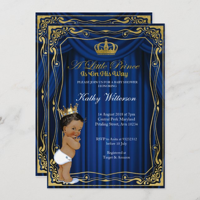 Royal Navy Blue Guld Prince Baby Shower-inbjudan Inbjudningar (Fram/baksida)