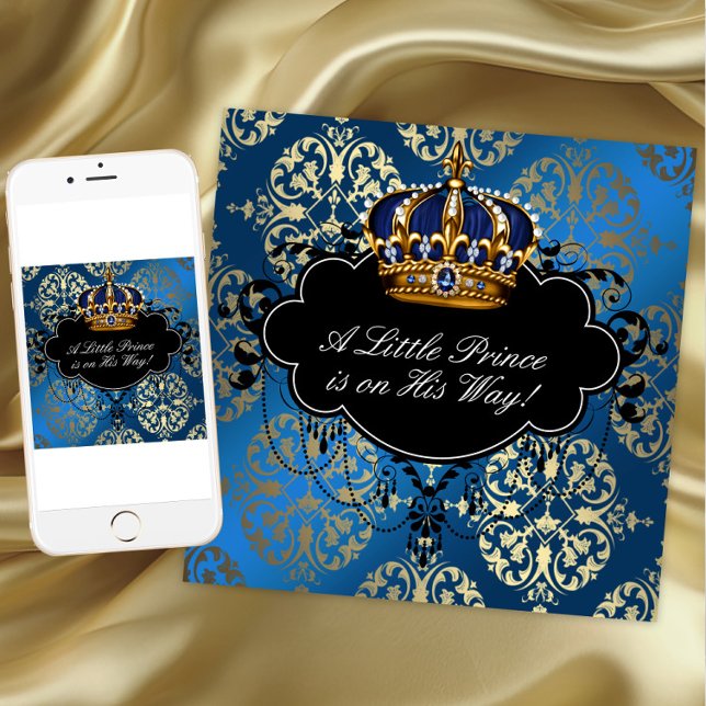 Royal Navy Blue Guld Prince Pojke Shower Inbjudningar (Blue gold prince baby shower invitation. Add your text to front and back. Download and printed.)