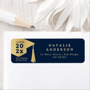 Royal Navy Blue Guld Student Hat Returadress Etikett