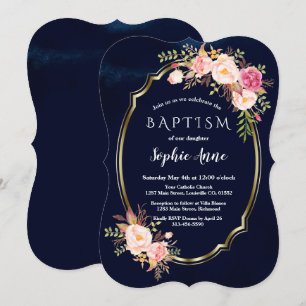 Royal Navy Blue Rosa Blommigt Guld Girl Girl Bapti Inbjudningar