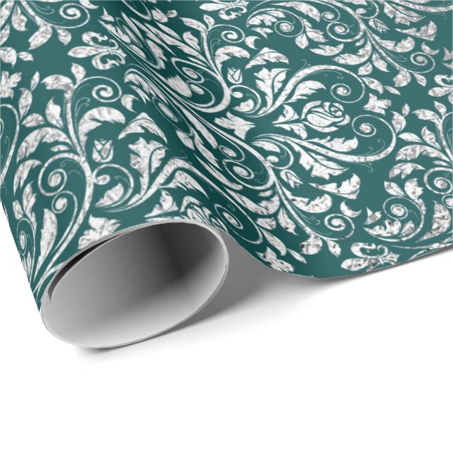 Royal Ornament Damask Teal Silver Vip Presentpapper (Rullad Hörn)