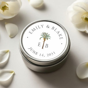 Royal Palm Logotyp Elegant Tropisk Monogram Bröllo Runt Klistermärke