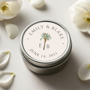 Royal Palm Logotyp Elegant Tropisk Monogram Bröllo Runt Klistermärke