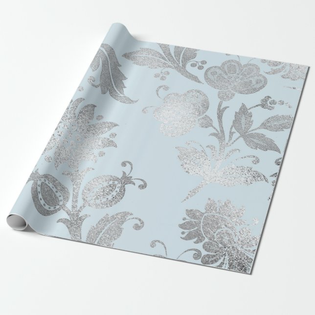Royal Pastel Blue Silver Ro Shiny Presentpapper (Utrullad)