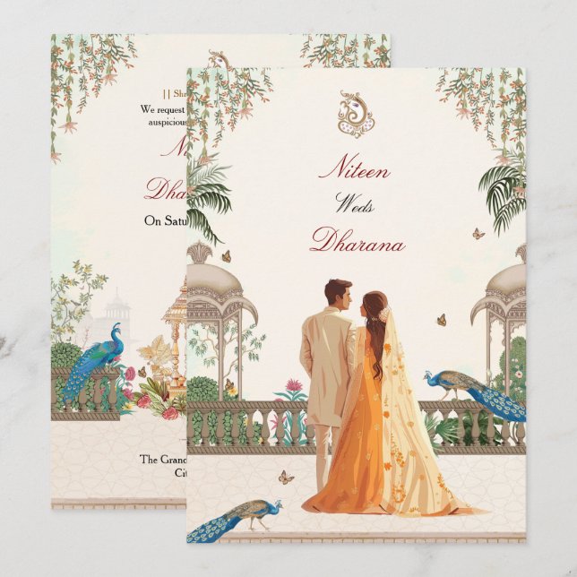 Royal Peacock Indian Wedding Invitation Inbjudningar (Fram/baksida)