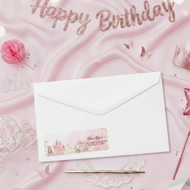 Royal Pink Princess Castle Unicorn 4th Birthday  Returadress Etikett (Skapare uppladdad)