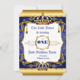 Royal Prince 1st Birthday Blue Ornate Guld Krona Inbjudningar