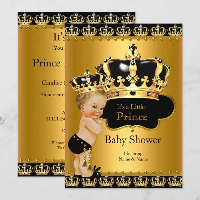 Royal Prince Baby Shower Black Guld Blonde Inbjudningar (Fram/baksida)