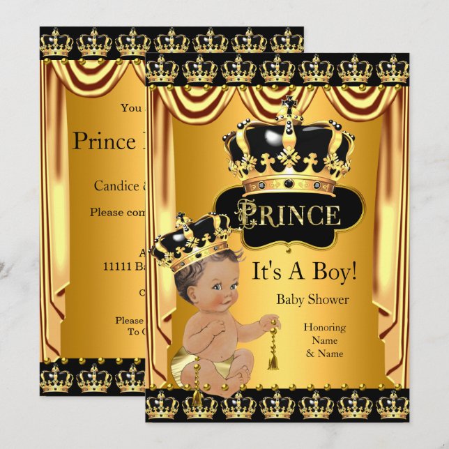 Royal Prince Baby Shower Black Guld Brunette Inbjudningar (Fram/baksida)