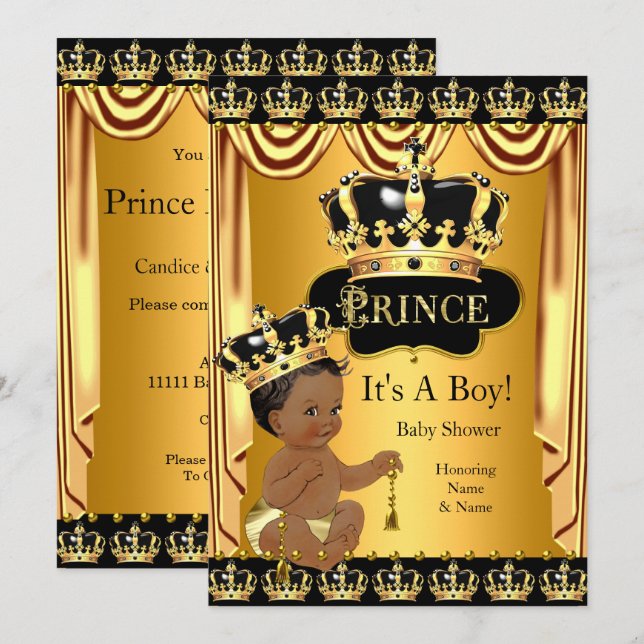 Royal Prince Baby Shower Black Guld Ethnic Boy Inbjudningar (Fram/baksida)