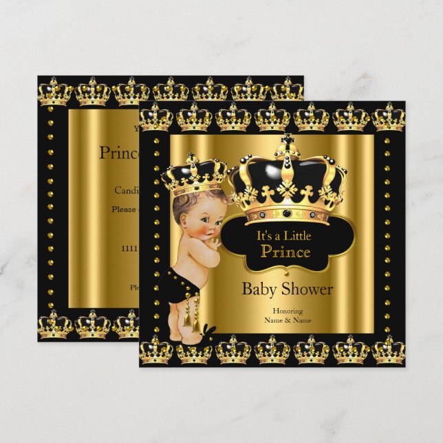 Royal Prince Baby Shower Black Guld Krona Inbjudningar (Fram/baksida)