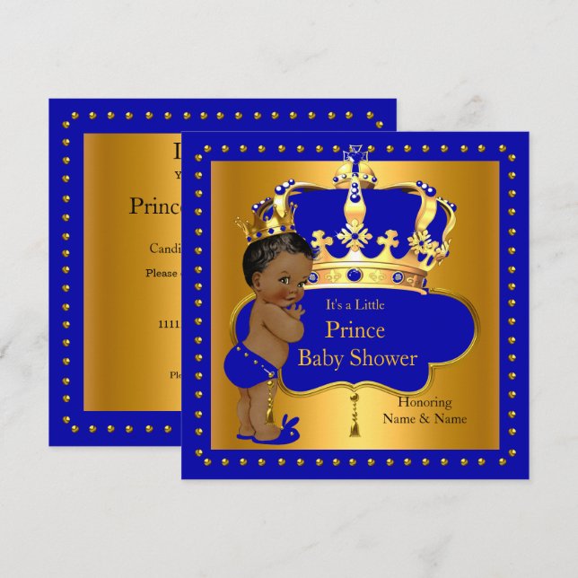 Royal Prince Baby Shower Blue Boy Krona Ethnic Inbjudningar (Fram/baksida)
