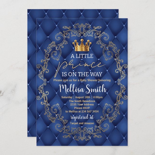 Royal Prince Baby Shower Blue Gold Rattle Ethnic Inbjudningar (Fram/baksida)