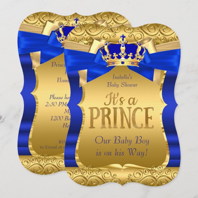 Royal Prince Baby Shower Blue Guld Bow Boy Inbjudningar (Fram/baksida)