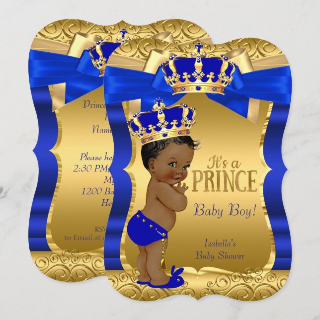 Royal Prince Baby Shower Blue Guld Bow Ethnic Inbjudningar (Fram/baksida)
