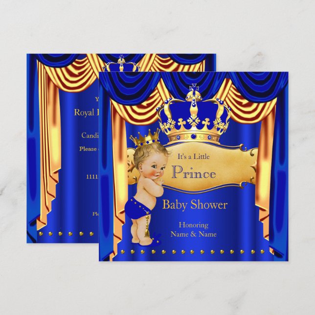 Royal Prince Baby Shower Blue Guld Krona Blonde Inbjudningar (Fram/baksida)