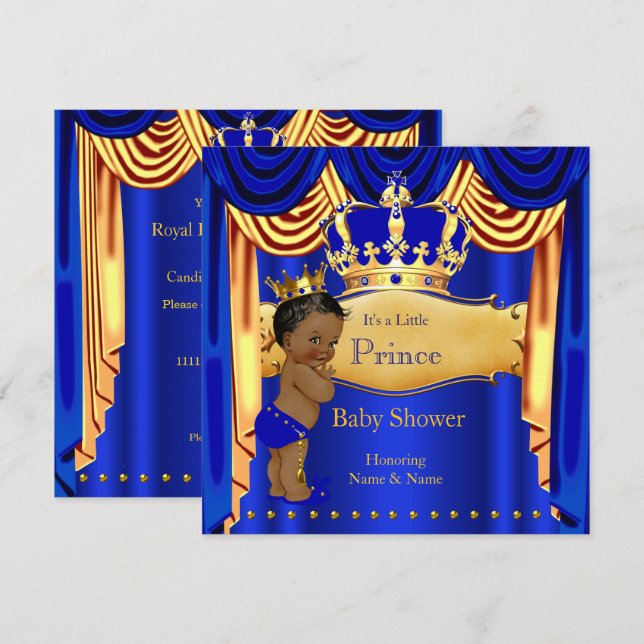 Royal Prince Baby Shower Blue Guld Krona Ethnic Inbjudningar (Fram/baksida)