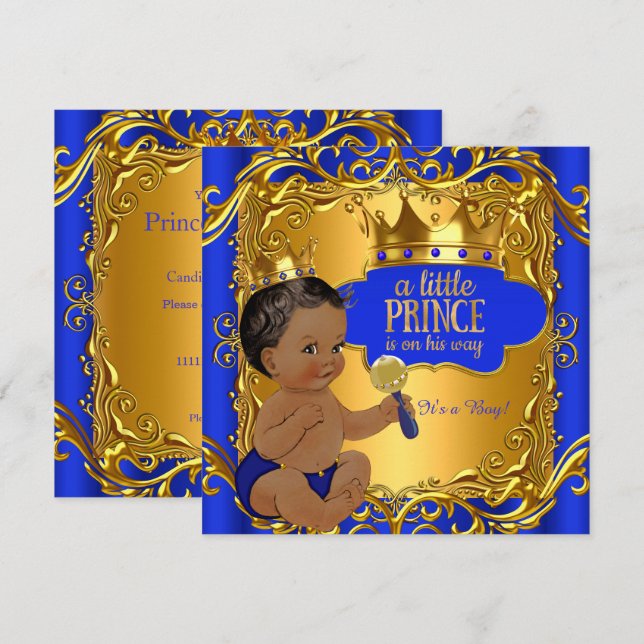 Royal Prince Baby Shower Blue Guld Rattle Ethnic Inbjudningar (Fram/baksida)