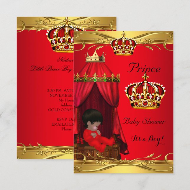 Royal Prince Baby Shower Boy Regal Red Krona Inbjudningar (Fram/baksida)
