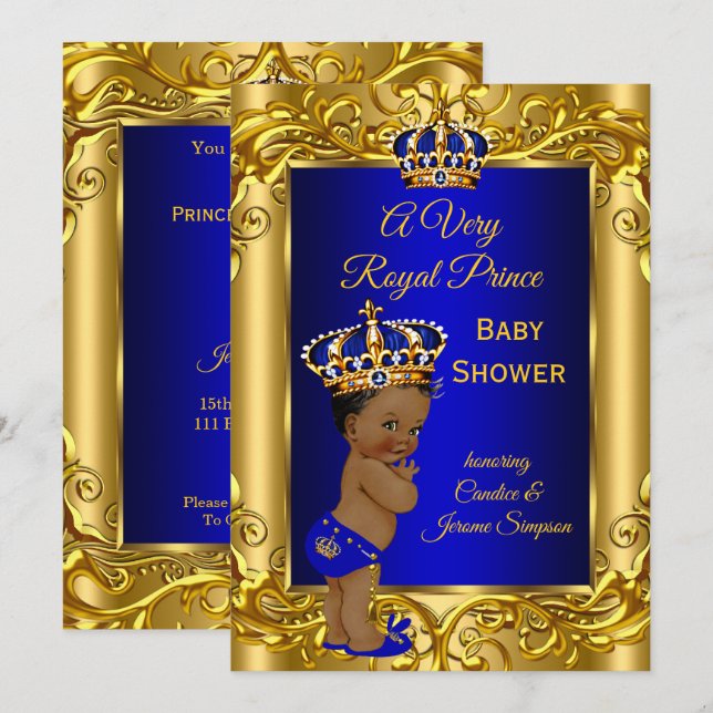 Royal Prince Baby Shower Royal blue guld etnisk ti Inbjudningar (Fram/baksida)